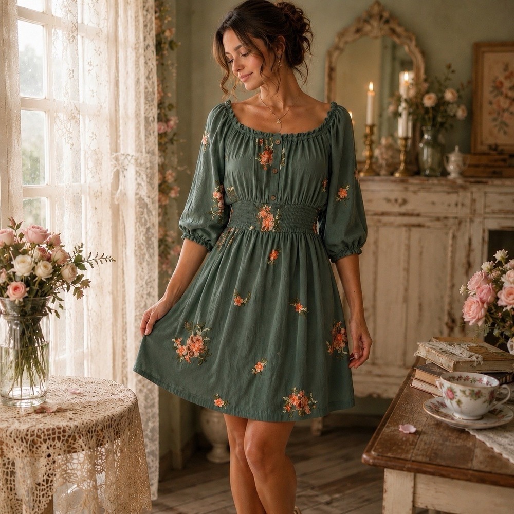 KINDRED Embroidered Floral Short Dress (L)Green Smocked Peasant Boho Cottagecore
